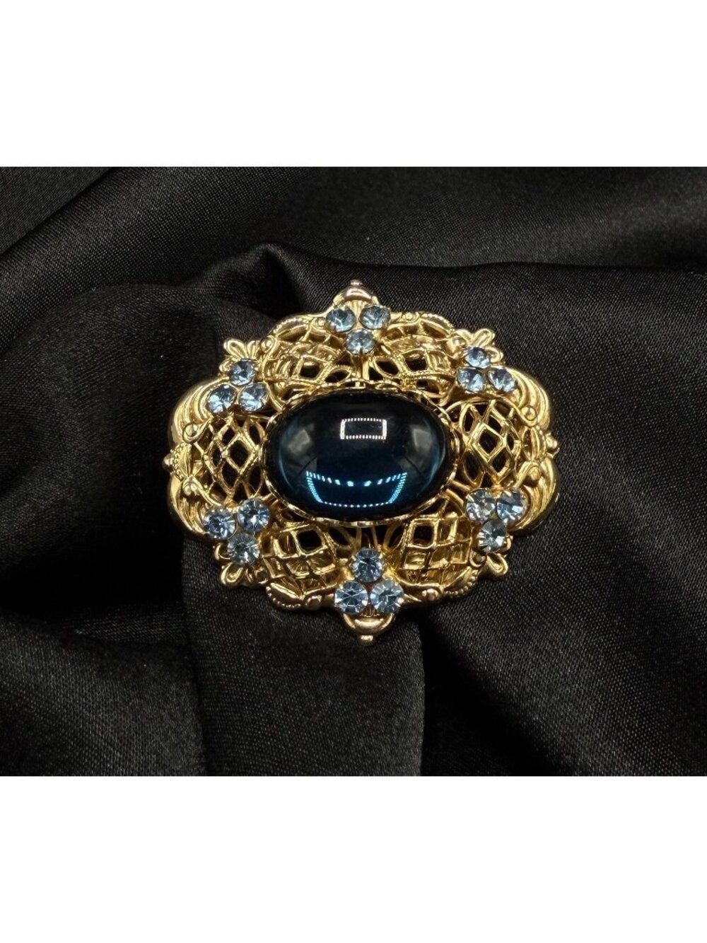 Vintage Filigree Brooch With Blue Glass Cabochon & Rhinestones